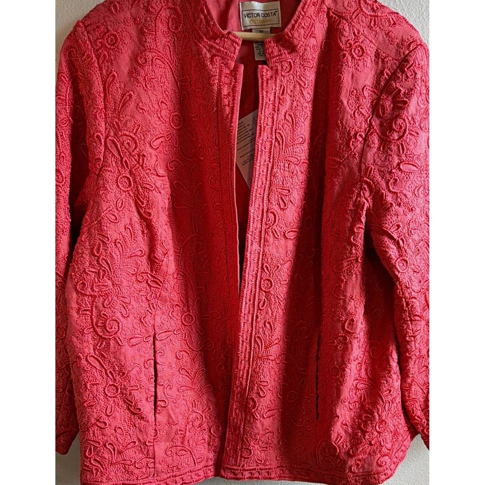 Victor Costa Occasion Women's Pink Floral Embroidered Lined Open Jacket 2X